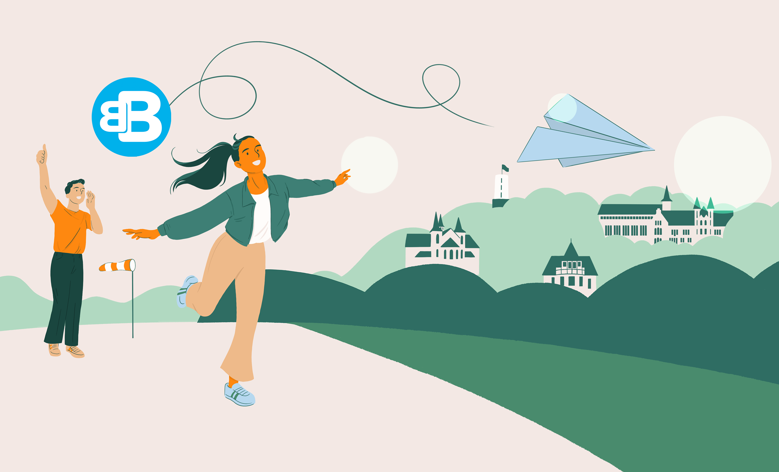 B&BB - das Weiterbildungsinstitut Bildung & Beratung Bethel - einen junge Frau steht in der Position des Fliegers vor der Bethel-Skyline. Im Hintergrund zeigt ein Mann den Daumen hoch = okay!